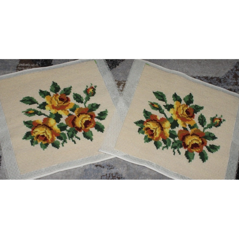 2 completed tapestry cross stitch gros point pillow covers roses 17.5"x17.5" set